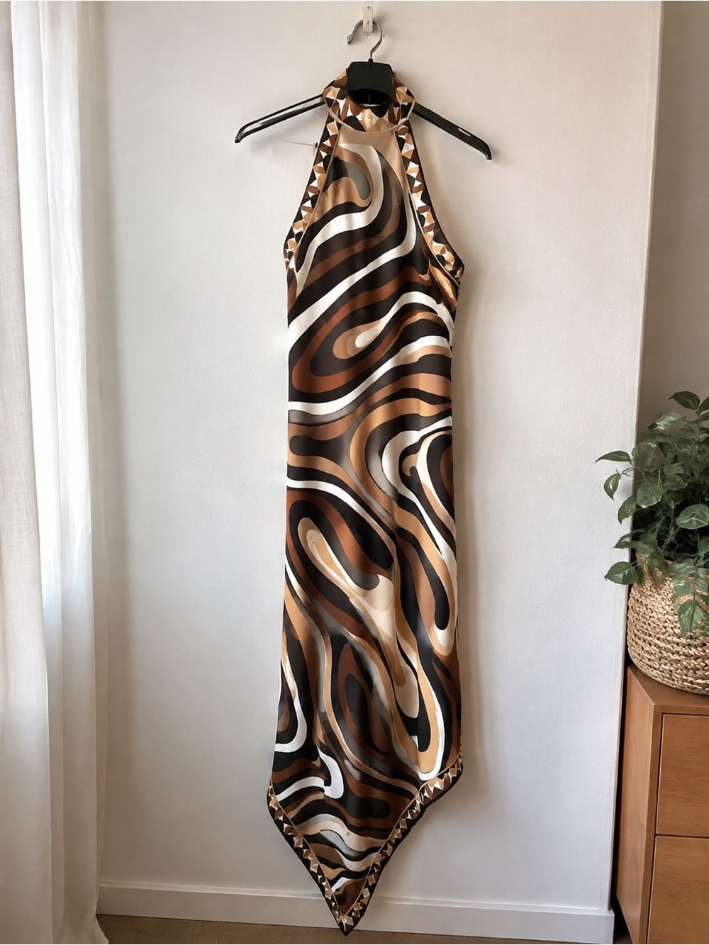 Zimmermann Brown, Black & Cream Asymmetrical Halter Maxi Dress